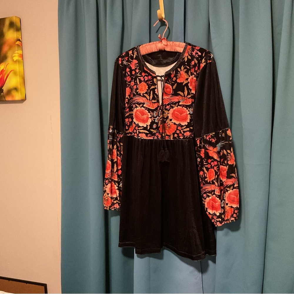 Womans Black Velvet Blouse with Red Floral Embroidered Bodice